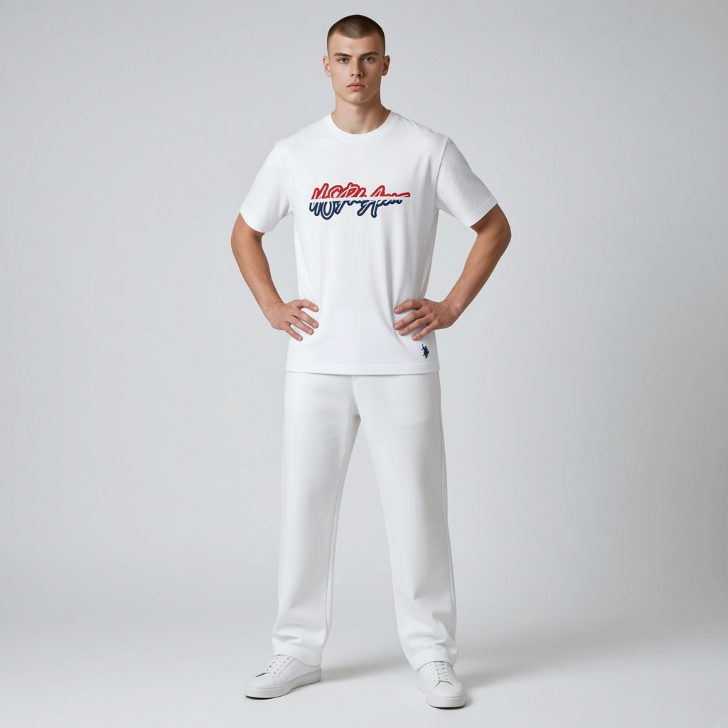 Hombre vistiendo camiseta blanca de manga corta www.treshop.com.co con estampado frontal rojo y azul y logo bordado