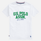 Camiseta blanca de hombre www.treshop.com.co con logo U.S. POLO ASSN. estampado en verde y azul marino
