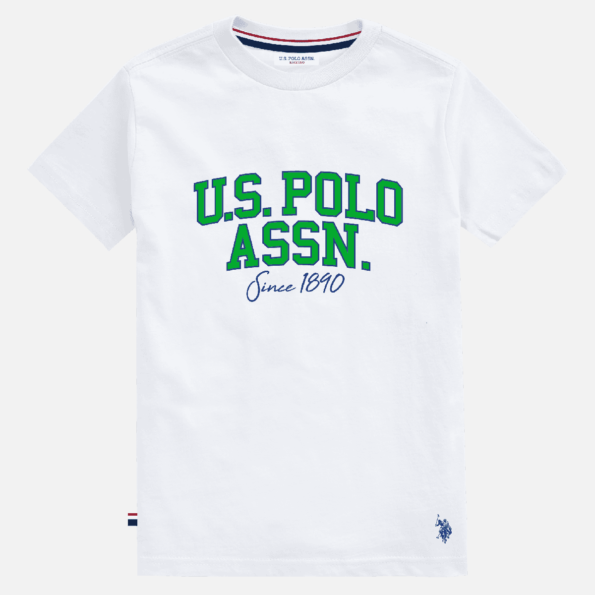 Camiseta blanca de hombre www.treshop.com.co con logo U.S. POLO ASSN. estampado en verde y azul marino