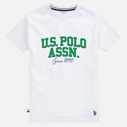 Camiseta blanca de hombre www.treshop.com.co con logo U.S. POLO ASSN. estampado en verde y azul marino