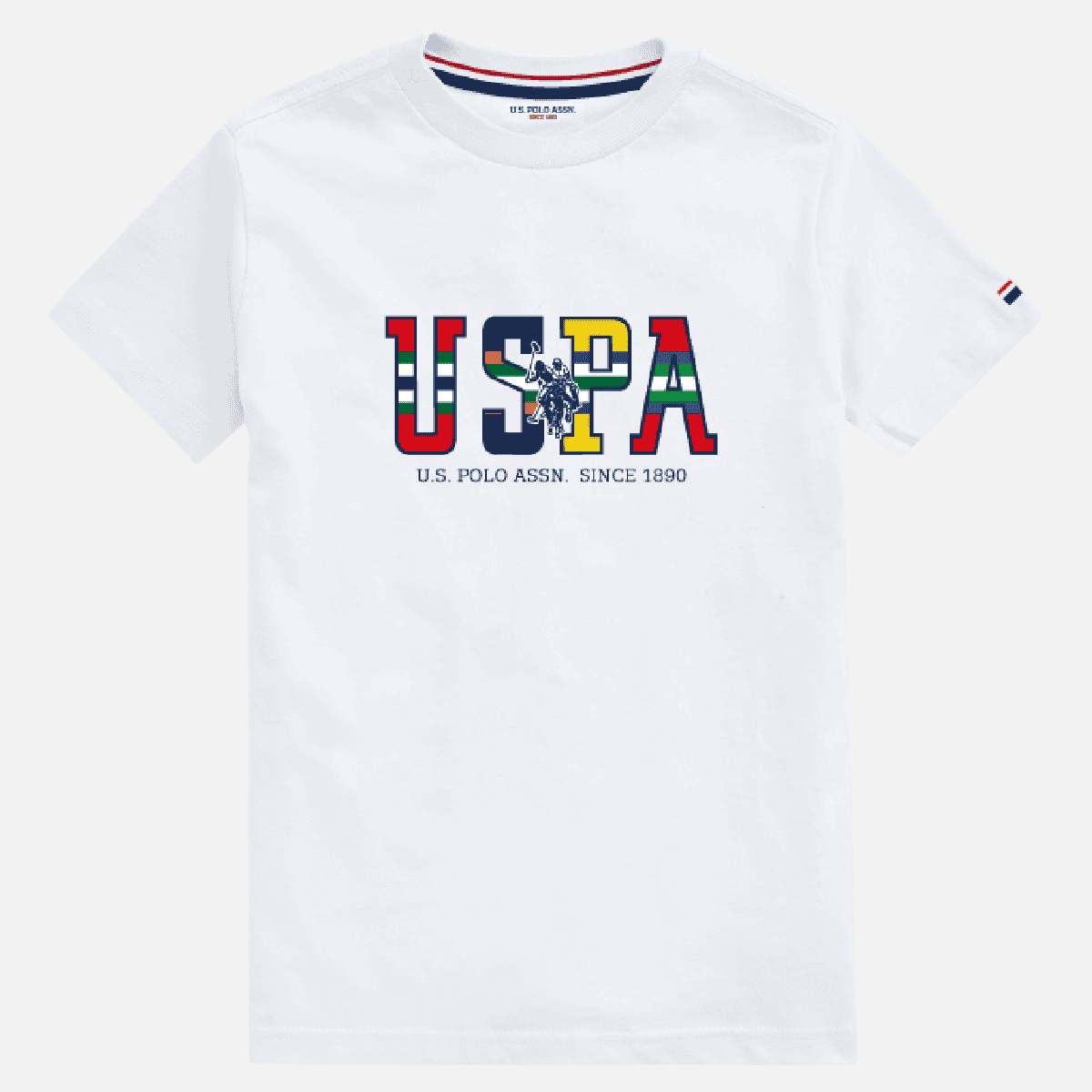 Camiseta blanca de algodón para hombre www.treshop.com.co con logo USPA estampado y detalles en la manga