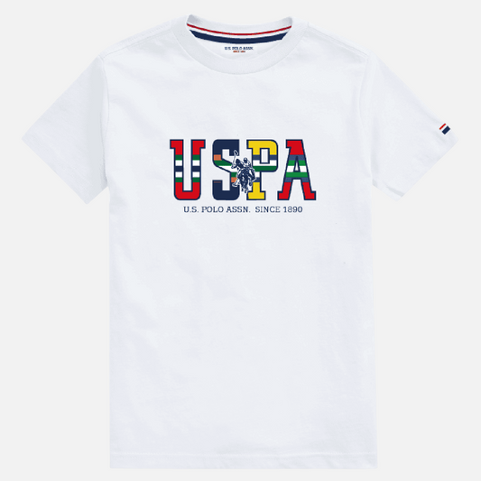 Camiseta blanca de algodón para hombre www.treshop.com.co con logo USPA estampado y detalles en la manga