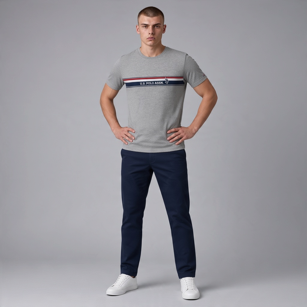 Hombre vistiendo camiseta gris de algodón www.treshop.com.co con franja tricolor y logo en el pecho
