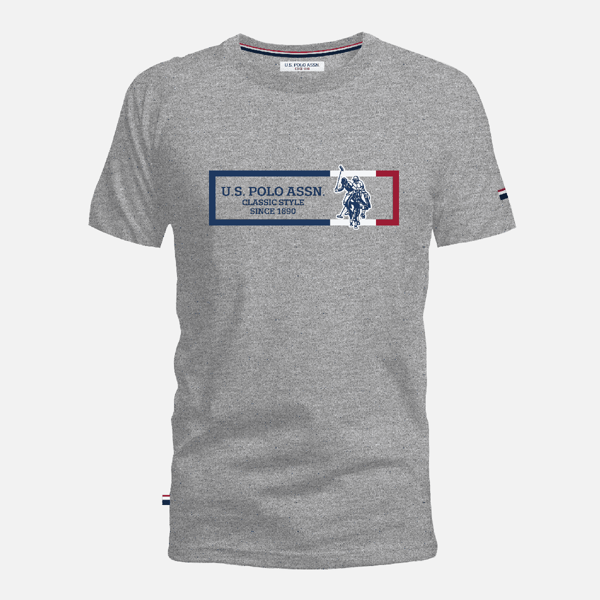 Camiseta gris jaspeado de algodón www.treshop.com.co con logo gráfico frontal y detalles en azul y rojo