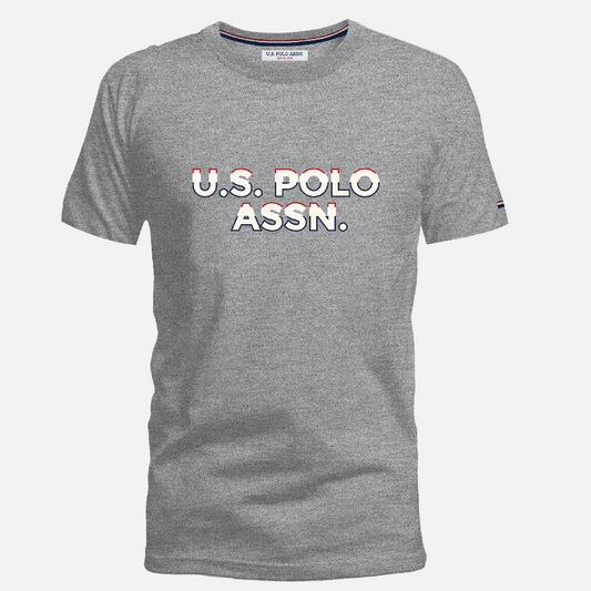 Camiseta gris jaspeado de algodón www.treshop.com.co con logo U.S. POLO ASSN. estampado en el pecho