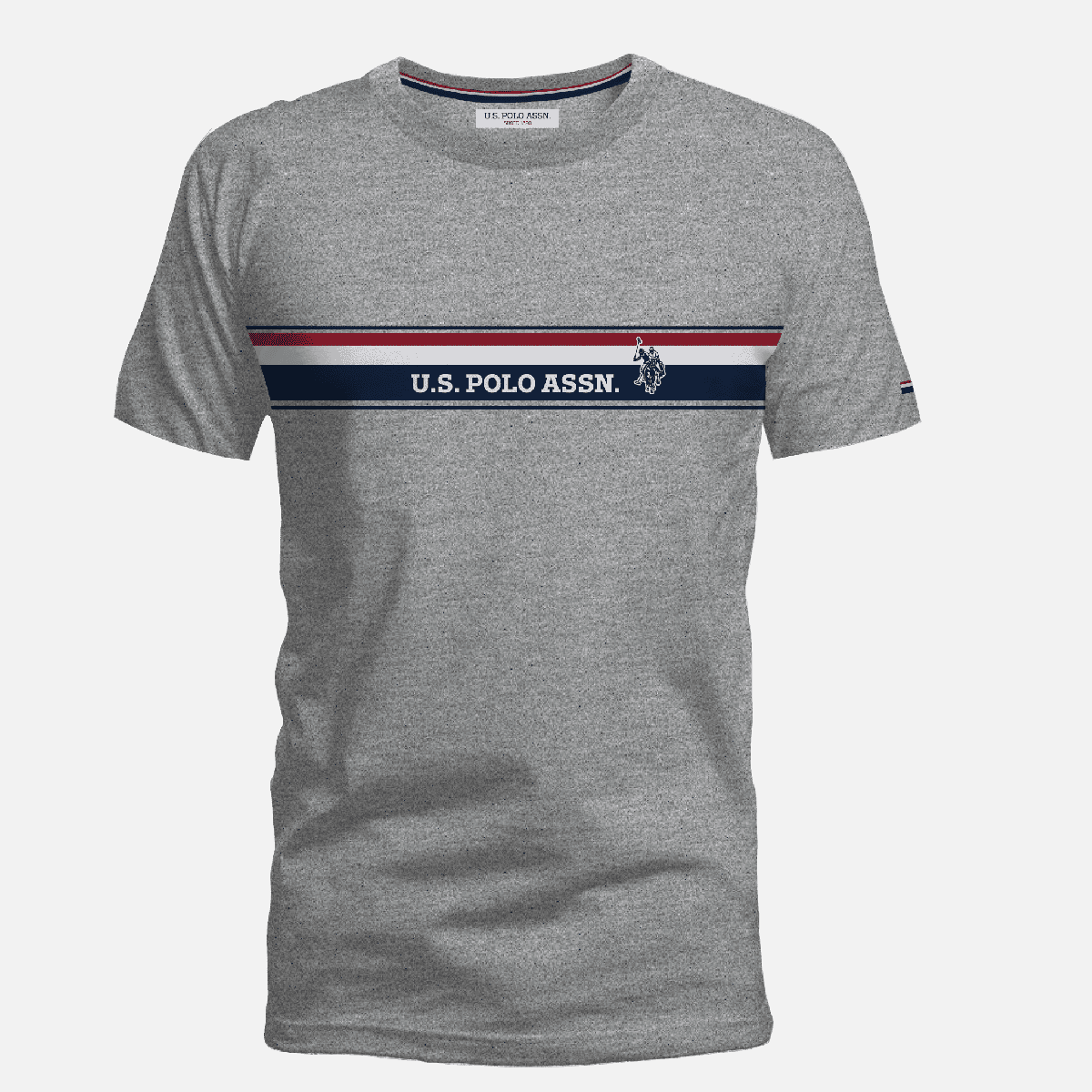 Camiseta gris jaspeado de algodón U.S. Polo Assn. con franja horizontal tricolor y logo en el pecho para hombre
