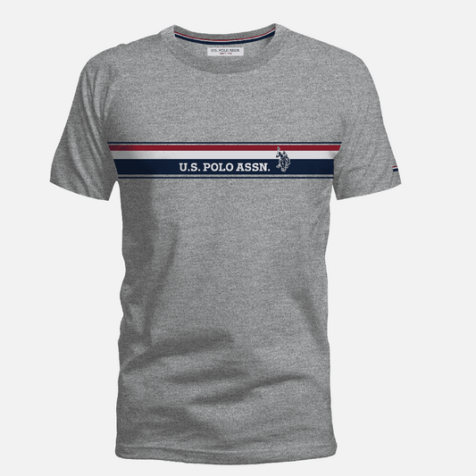 Camiseta gris jaspeado de algodón U.S. Polo Assn. con franja horizontal tricolor y logo en el pecho para hombre