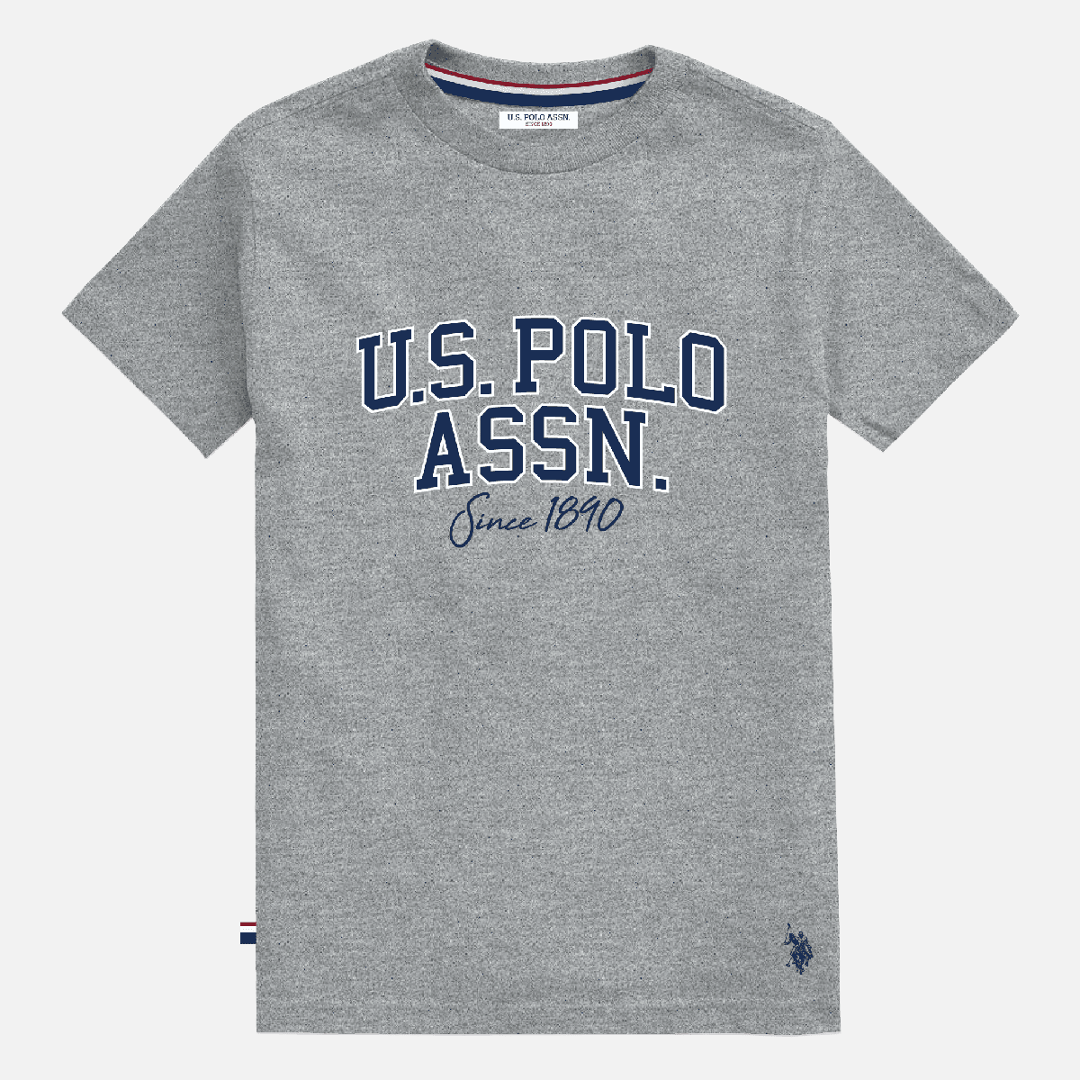 Camiseta gris jaspeado de algodón www.treshop.com.co con logo U.S. POLO ASSN. y cuello redondo para hombre