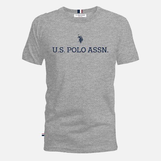 Camiseta gris jaspeado de manga corta www.treshop.com.co con logo U.S. POLO ASSN. estampado en el pecho