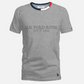 Camiseta gris jaspeado www.treshop.com.co con cuello redondo tricolor, logo estampado y bordado de U.S. Polo Assn.