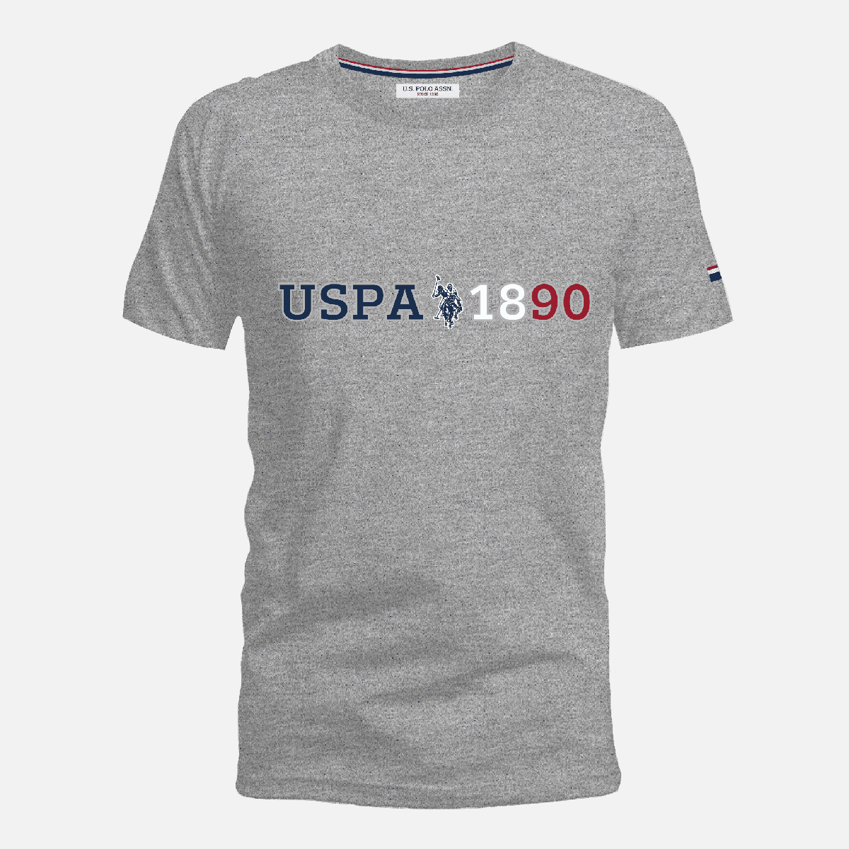 Camiseta gris jaspeado de manga corta www.treshop.com.co con logo U.S. Polo Assn. y estampado 1890 en el pecho