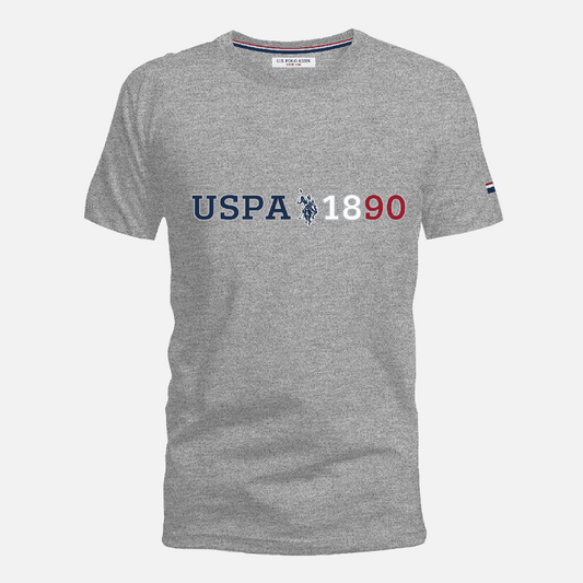 Camiseta gris jaspeado de manga corta www.treshop.com.co con logo U.S. Polo Assn. y estampado 1890 en el pecho