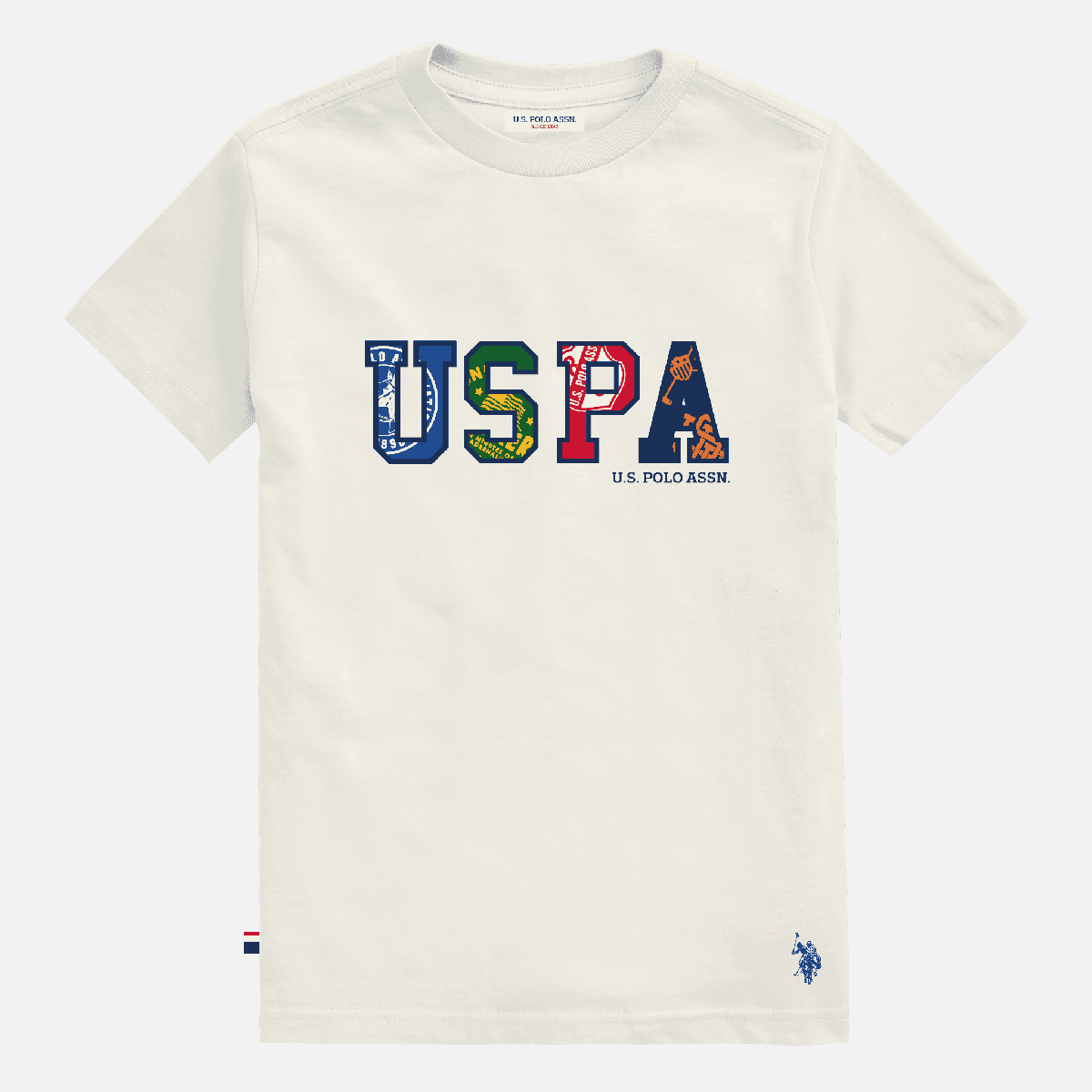 Camiseta blanca de algodón www.treshop.com.co con logo USPA estampado multicolor y detalle de jugador bordado