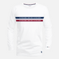 Camiseta de manga larga blanca www.treshop.com.co con estampado frontal en azul y rojo y logo bordado