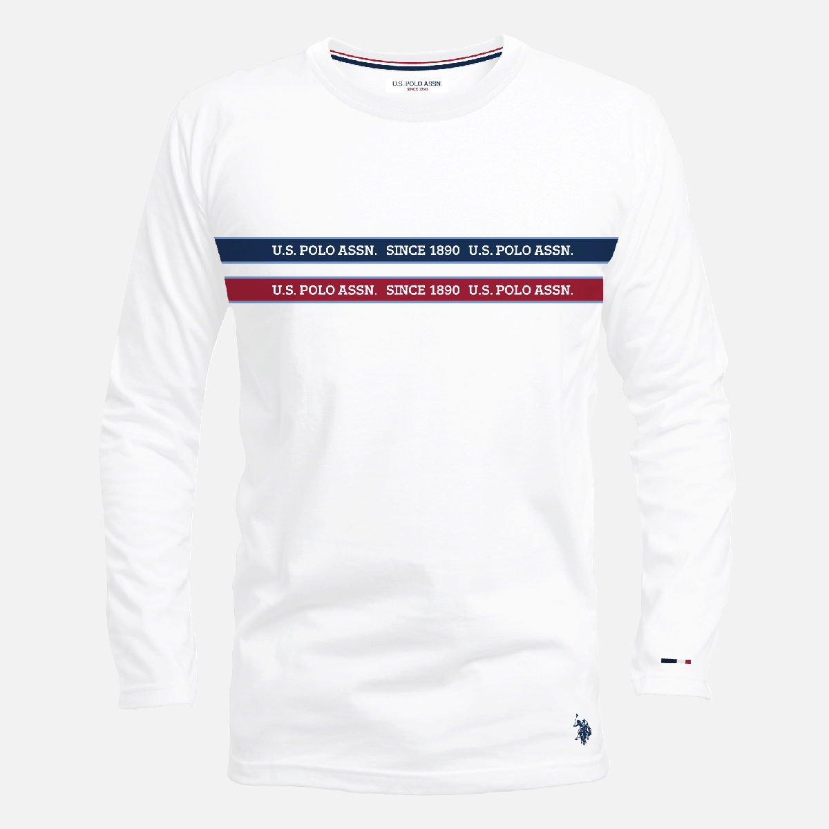 Camiseta de manga larga blanca www.treshop.com.co con estampado frontal en azul y rojo y logo bordado
