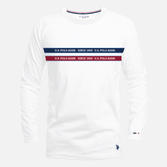 Camiseta de manga larga blanca www.treshop.com.co con estampado frontal en azul y rojo y logo bordado
