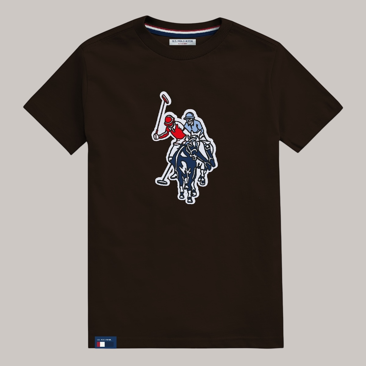 Camiseta marrón de algodón U.S. Polo Assn. con cuello redondo y estampado de jugador de polo en el centro