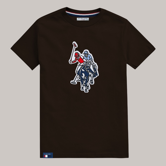 Camiseta marrón de algodón U.S. Polo Assn. con cuello redondo y estampado de jugador de polo en el centro