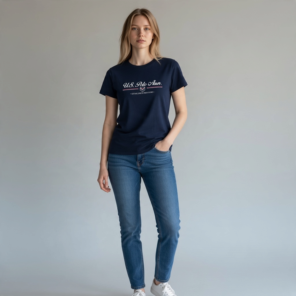 Modelo vistiendo camiseta azul marino de algodón de www.treshop.com.co con logo gráfico y corte entallado