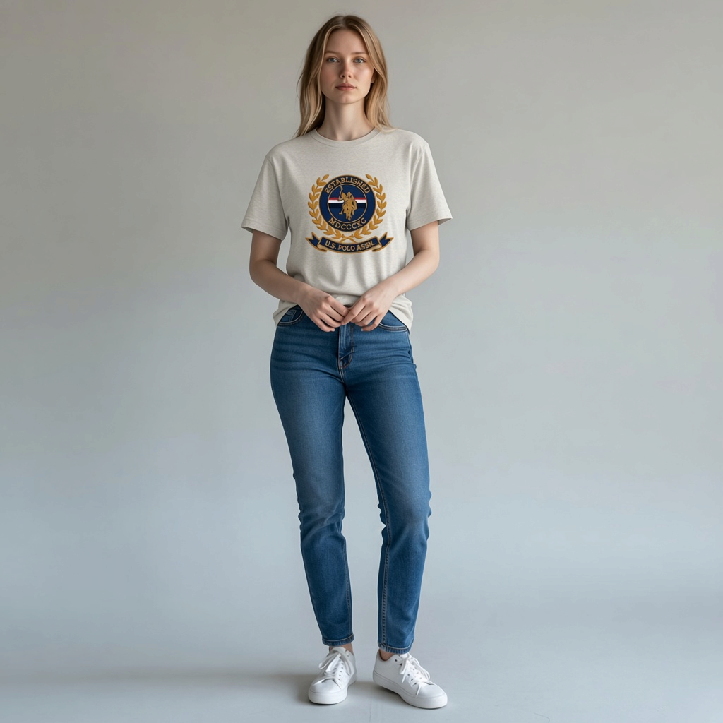 Mujer vistiendo camiseta beige de manga corta www.treshop.com.co con estampado frontal y jeans azules