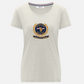 Camiseta de mujer www.treshop.com.co color beige con estampado frontal clásico y cuello con detalle de rayas