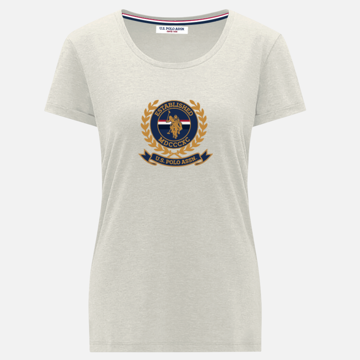Camiseta de mujer www.treshop.com.co color beige con estampado frontal clásico y cuello con detalle de rayas
