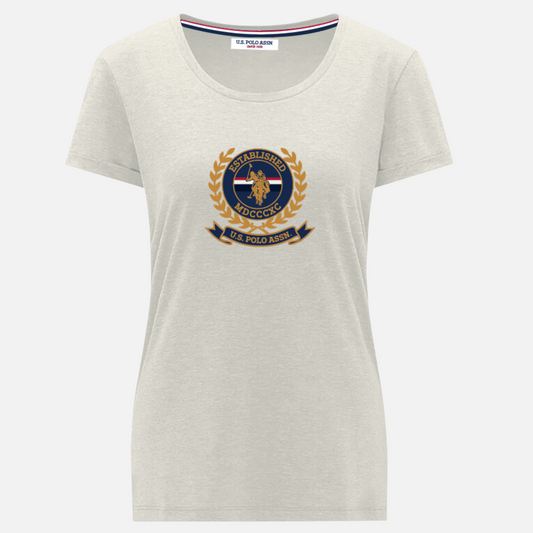 Camiseta de mujer www.treshop.com.co color beige con estampado frontal clásico y cuello con detalle de rayas