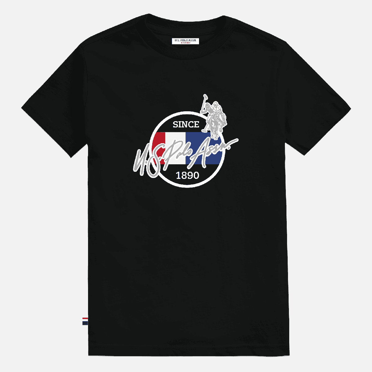 Camiseta negra de algodón para hombre de www.treshop.com.co con estampado gráfico circular y logo de U.S. Polo Assn.