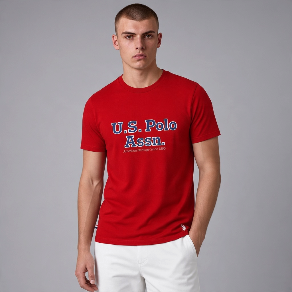 Hombre vistiendo camiseta roja de algodón U.S. Polo Assn. con logo estampado y cuello redondo en www.treshop.com.co