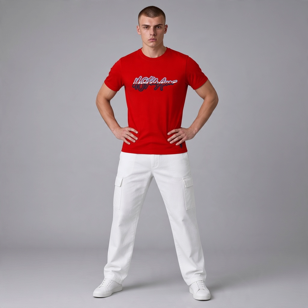 Hombre vistiendo camiseta roja de algodón U.S. POLO ASSN. con logo gráfico y cuello redondo en www.treshop.com.co