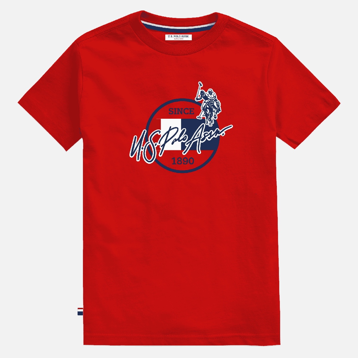 Camiseta roja de manga corta www.treshop.com.co con logotipo estampado de U.S. Polo Assn. en algodón suave