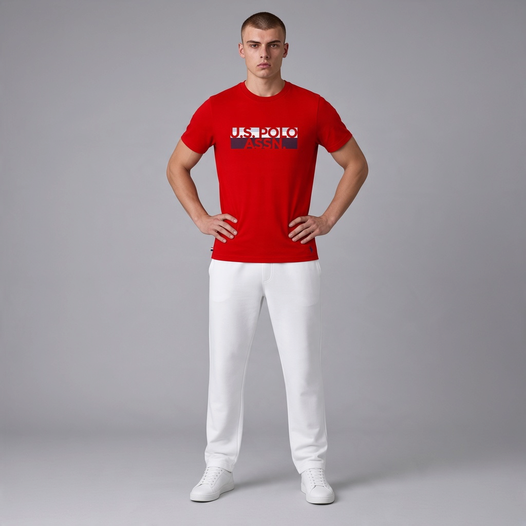 Camiseta roja de algodón U.S. Polo Assn. con logo estampado y cuello redondo para hombre, vendida por www.treshop.com.co