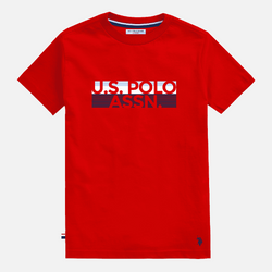 Camiseta roja de algodón para hombre de www.treshop.com.co con logo estampado y cuello redondo