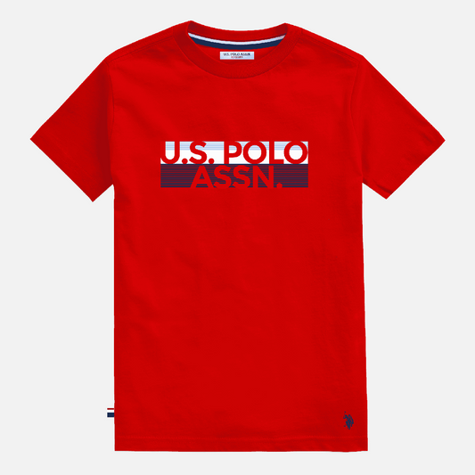 Camiseta roja de algodón para hombre de www.treshop.com.co con logo estampado y cuello redondo