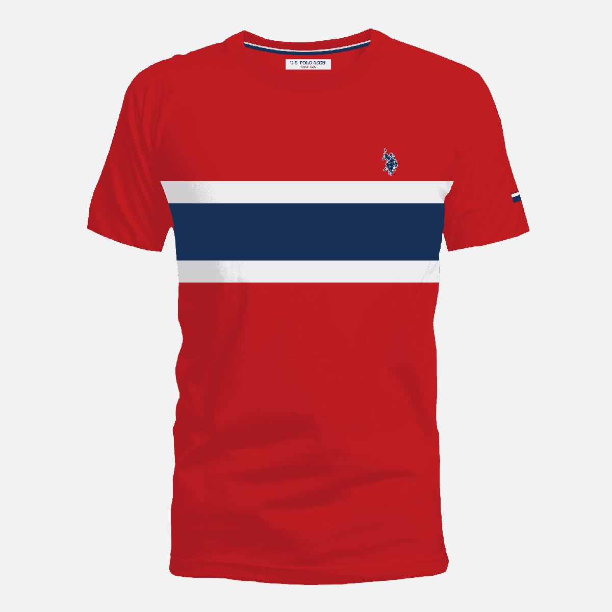 Camiseta roja de algodón www.treshop.com.co con franja horizontal azul y blanca y logo bordado en el pecho