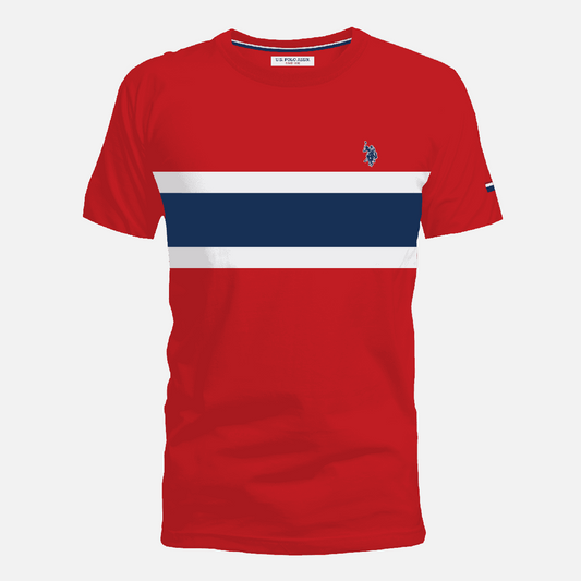 Camiseta roja de algodón www.treshop.com.co con franja horizontal azul y blanca y logo bordado en el pecho