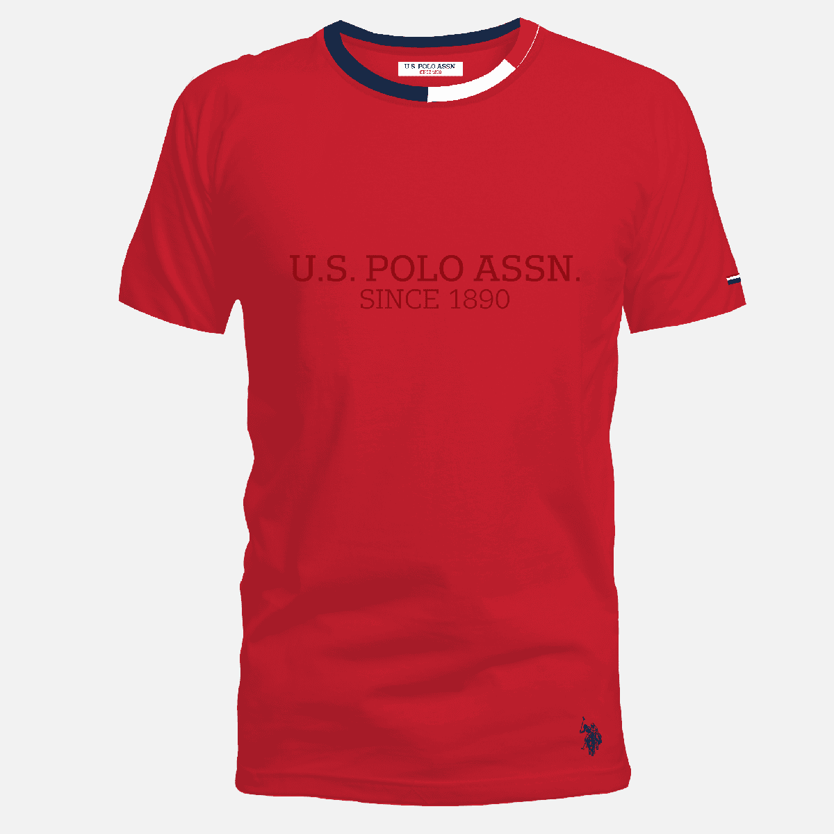 Camiseta roja de algodón para hombre de www.treshop.com.co con cuello redondo y logo de U.S. POLO ASSN.