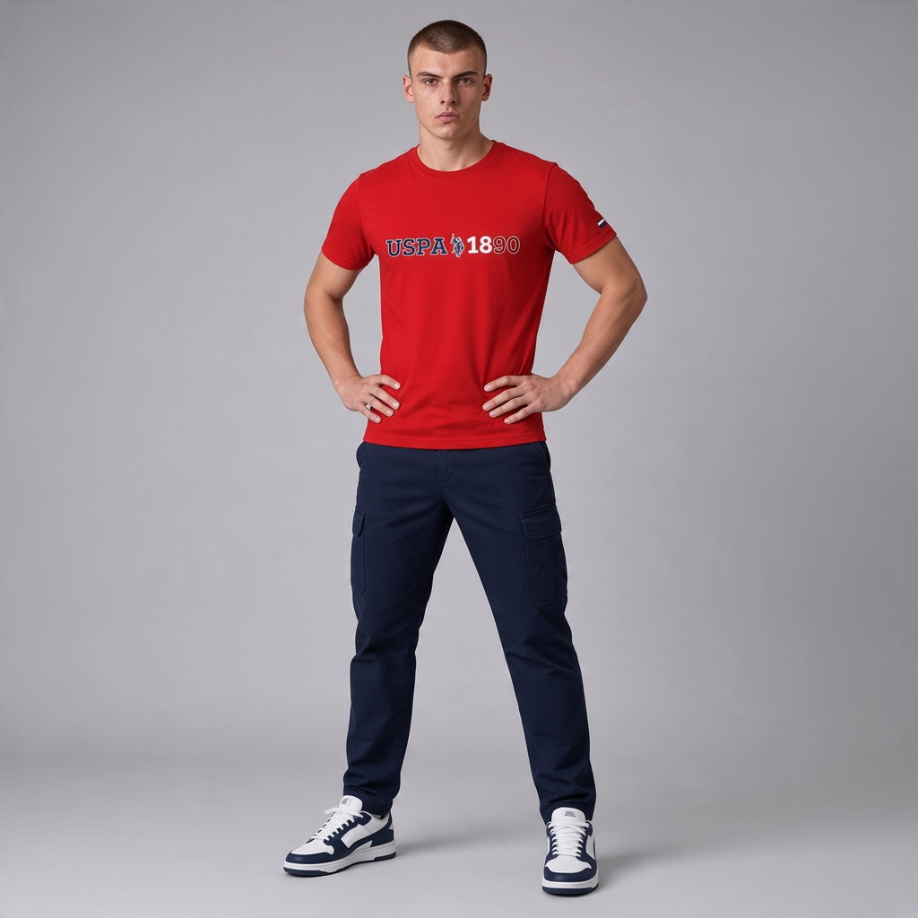 Hombre vistiendo camiseta roja de algodón U.S. POLO ASSN. con logo estampado y cuello redondo