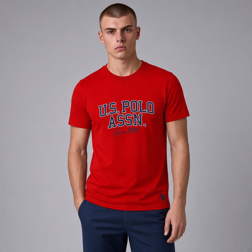 Hombre vistiendo camiseta roja de algodón www.treshop.com.co con estampado gráfico frontal y logo bordado