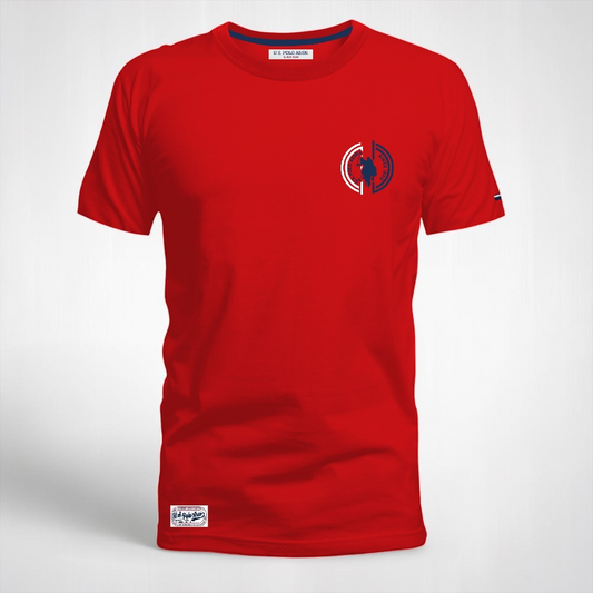 Camiseta roja de algodón para hombre de www.treshop.com.co con cuello redondo y estampado gráfico en el pecho
