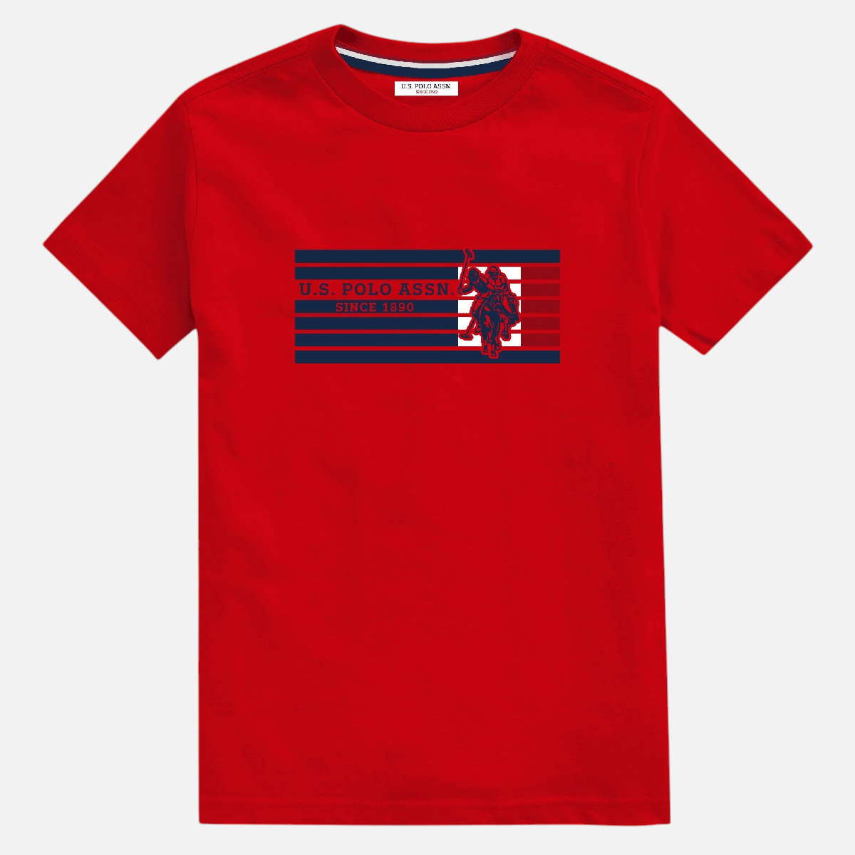 Camiseta roja de algodón www.treshop.com.co con logotipo U.S. Polo Assn. y franjas horizontales azul marino