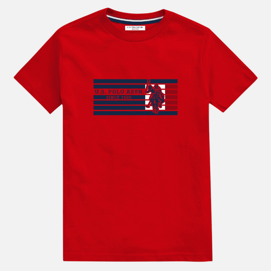 Camiseta roja de algodón www.treshop.com.co con logotipo U.S. Polo Assn. y franjas horizontales azul marino