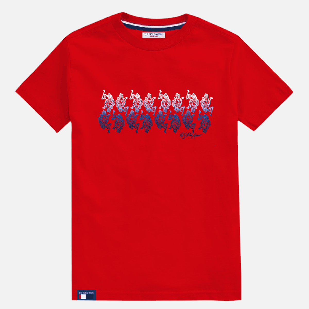 Camiseta roja de algodón para hombre www.treshop.com.co con estampado frontal del logo U.S. Polo Assn. en azul