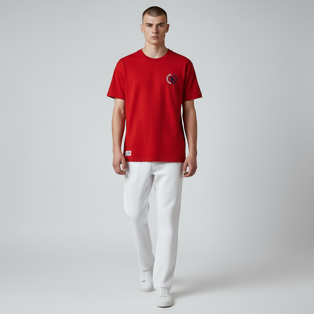 Hombre vistiendo camiseta roja de algodón U.S. Polo Assn. con cuello redondo y estampado gráfico de www.treshop.com.co