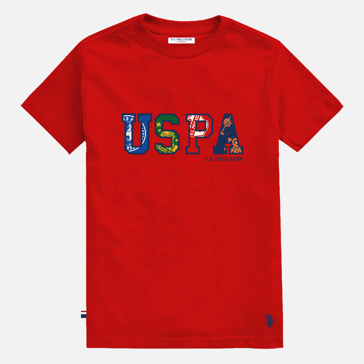 Camiseta roja de algodón para hombre www.treshop.com.co con estampado gráfico USPA y cuello redondo clásico