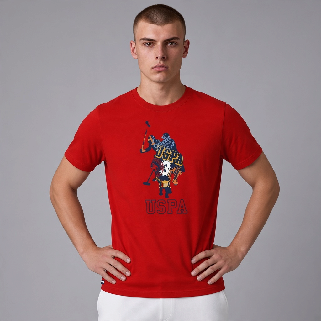 Hombre vistiendo camiseta roja de algodón con estampado gráfico de U.S. POLO ASSN. disponible en www.treshop.com.co