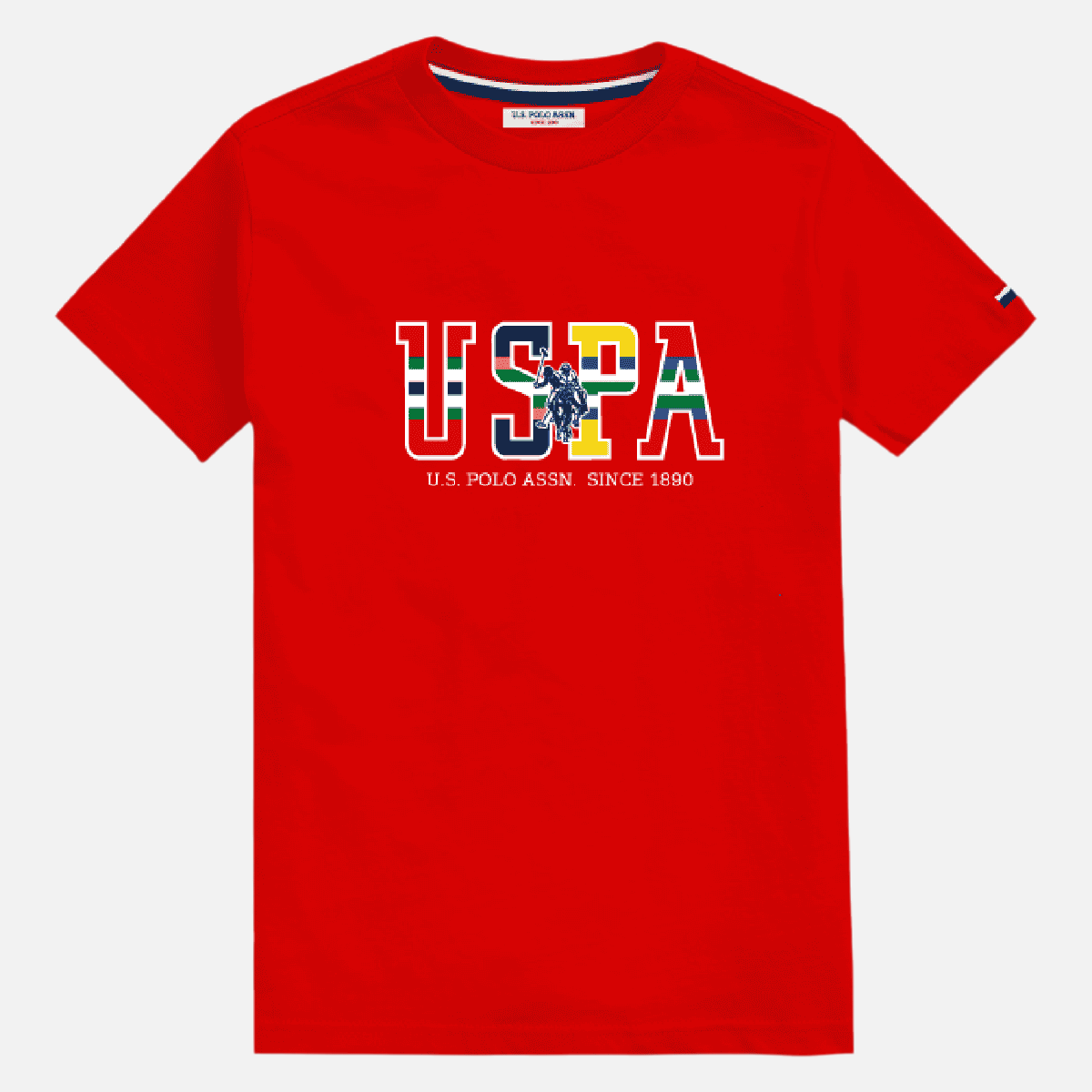Camiseta roja de algodón para hombre de www.treshop.com.co con logo gráfico USPA y cuello redondo
