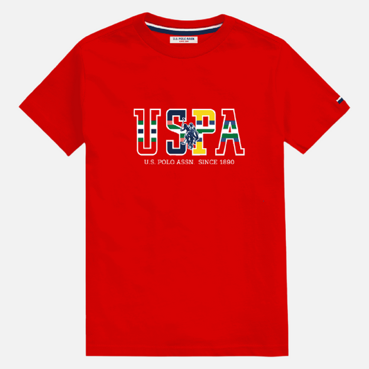 Camiseta roja de algodón para hombre de www.treshop.com.co con logo gráfico USPA y cuello redondo