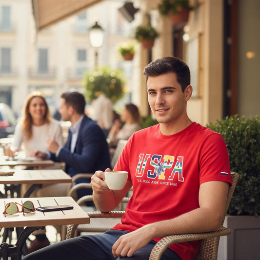 Hombre con camiseta roja de algodón U.S. Polo Assn. con logo estampado, sentado en una terraza de www.treshop.com.co