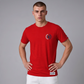 Camiseta roja de manga corta www.treshop.com.co con cuello redondo y logo estampado en el pecho para hombre